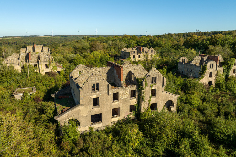 Mehrere Ruinen großer Häuser stehen in einer dicht bewachsenen Landschaft.
