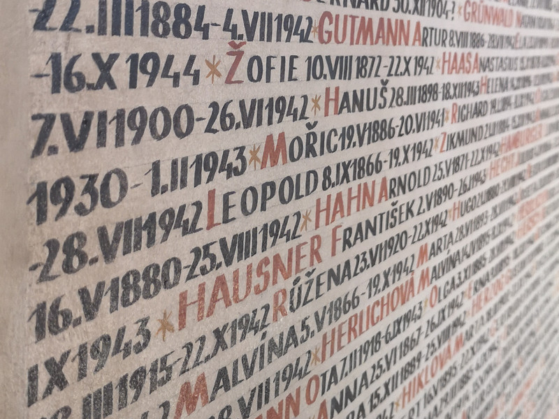 Eingezeichnete Namen von Holocaust Opfern an der Innenwand der Pinkas-Synagoge